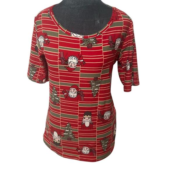 LulaRoe- stretch- Santa Trees Red Medium- Christmas Short Sleeve Holiday - Picture 1 of 7